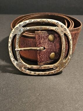 Ralph Lauren Distressed Brown Leather Belt with Ornate Brass Buckle